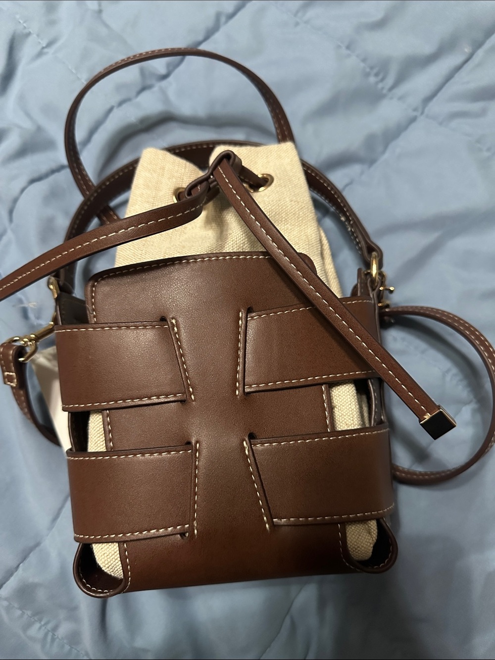 H&M Brown Leather-Trim Mini Bucket Bag with Canvas Insert